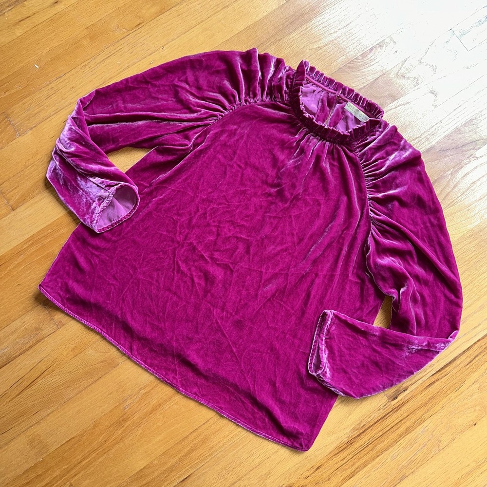 Marie Oliver Blouse Womens M Magenta Velvet‎ Silk Ruffle Neck Ruched Sleeve Pink